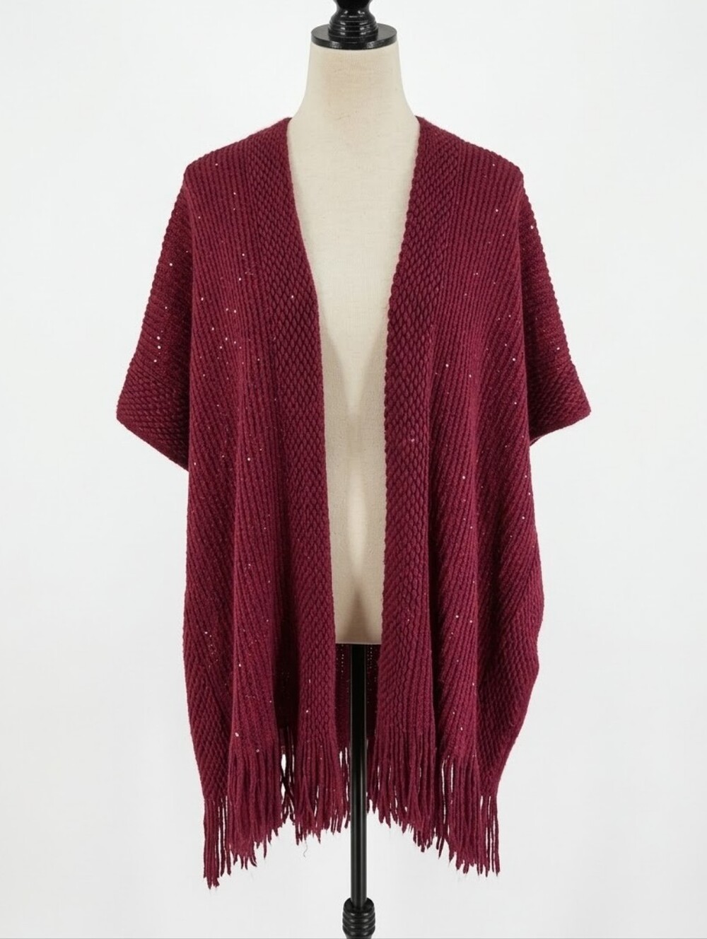 Womenโs Fringe Knit Shawl Cape Wrap Cover Up Burgundy One Size Fits All
